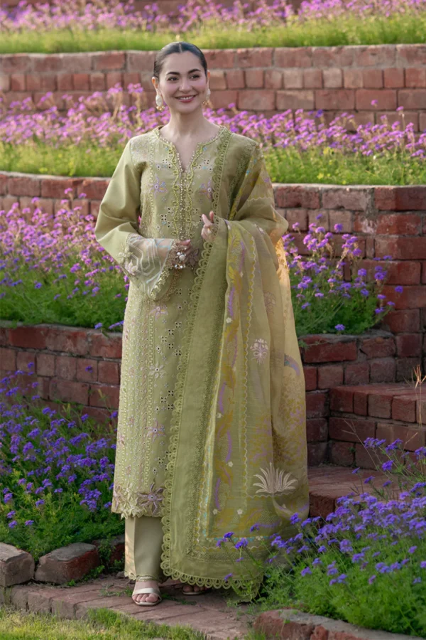 Rang Rasiya Unstitched Eid Outfit 26'-RAHA embroidered lawn suit 3 piece Pakistani designer dress organza border paste print dupatta UK, full front look