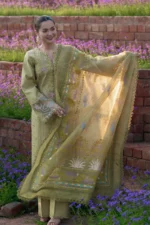 Rang Rasiya Unstitched Eid Outfit 26'-RAHA embroidered lawn suit 3 piece Pakistani designer dress organza border paste print dupatta UK, dupatta close look