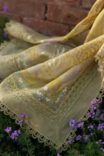 Rang Rasiya Unstitched Eid Outfit 26'-RAHA embroidered lawn suit 3 piece Pakistani designer dress organza border paste print dupatta UK, dupatta embroidery closeup