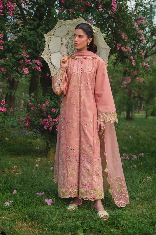 Rang Rasiya Unstitched Eid Outfit 26'-RANIA, a luxury 3-piece embroidered lawn suit designed for Eid and summer wear in the UK, full front look