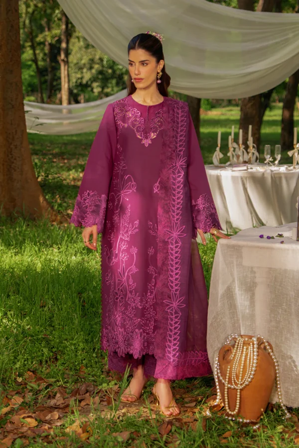 Rang Rasiya Unstitched Eid Outfit 26'-ZAHA embroidered lawn suit 3 piece Pakistani designer dress printed organza dupatta UK, full front look