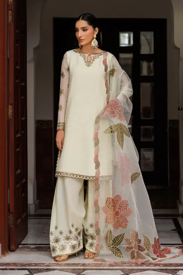 Zarif Unstitched Chiffon Suit 26’-AMANI-01 from Nourah By Zarif 2026, 3-piece offwhite dress, full front look