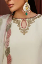 Zarif Unstitched Chiffon Suit 26’-AMANI-01 from Nourah By Zarif 2026, 3-piece offwhite dress, neck emroidery close look
