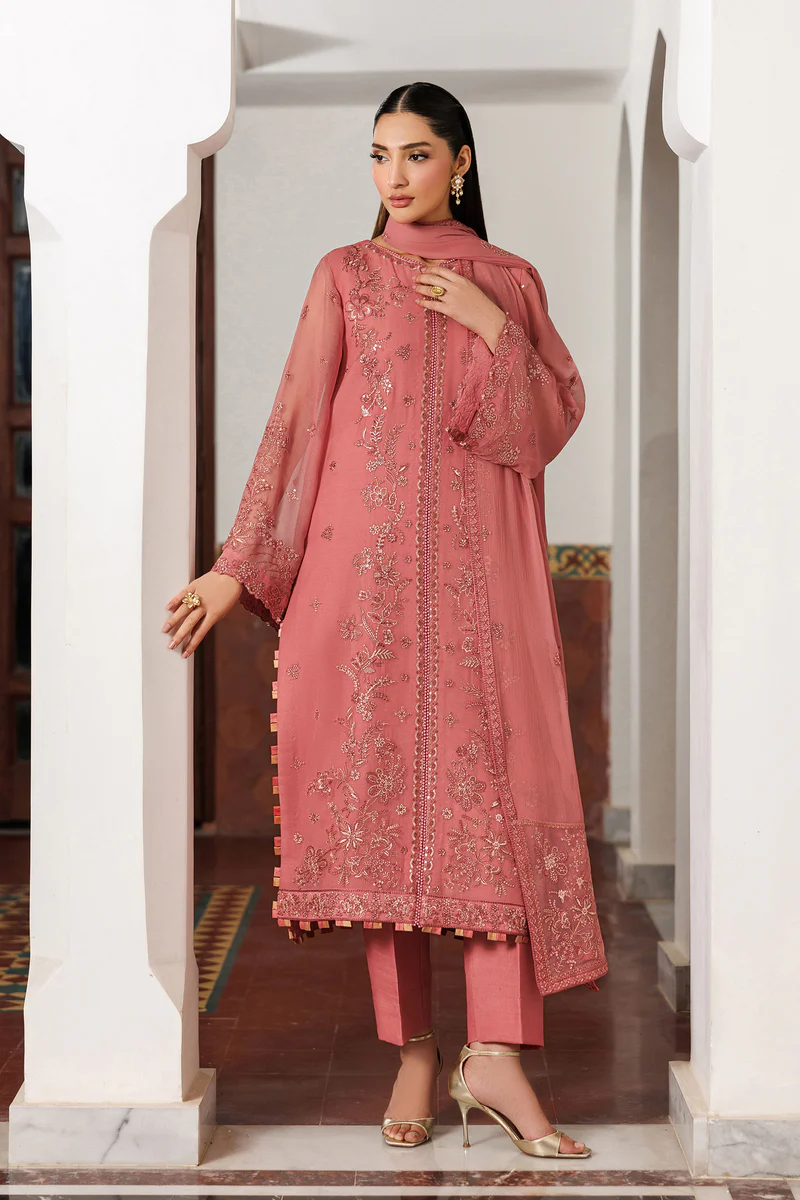 Zarif Unstitched Chiffon Suit 26’-ANGORA-06 pink sequins embroidered chiffon Pakistani dress Nourah By Zarif 2026 UK, full front look