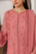 Zarif Unstitched Chiffon Suit 26’-ANGORA-06 pink sequins embroidered chiffon Pakistani dress Nourah By Zarif 2026 UK, shirt neck design closeup