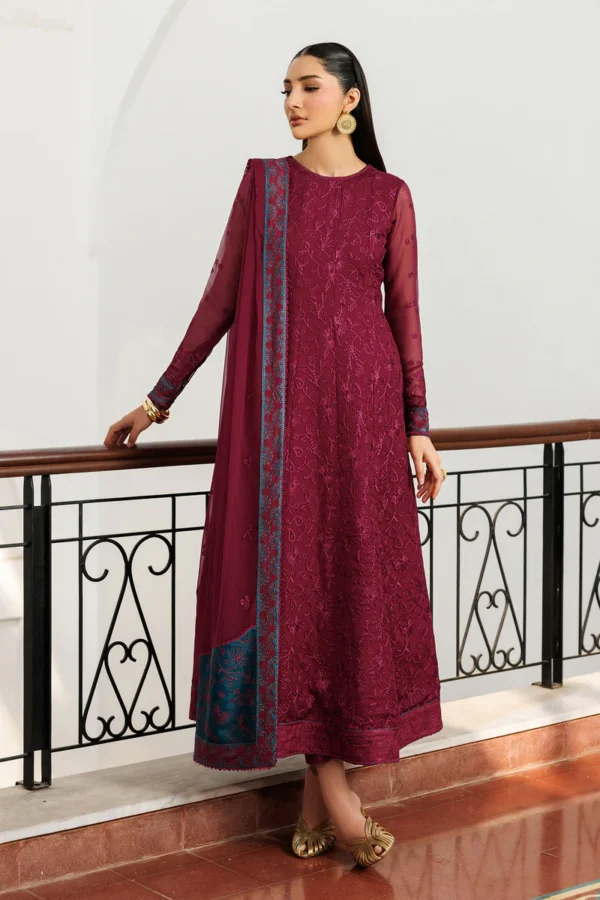 Zarif Unstitched Chiffon Suit 26’-MAHAL-04 maroon embroidered chiffon Pakistani dress Nourah By Zarif, 3 piece salwar, kameez and dupatta, full front look