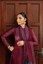 Zarif Unstitched Chiffon Suit 26’-MAHAL-04 maroon embroidered chiffon Pakistani dress Nourah By Zarif, 3 piece salwar, kameez and dupatta, front side dupatta border closeup