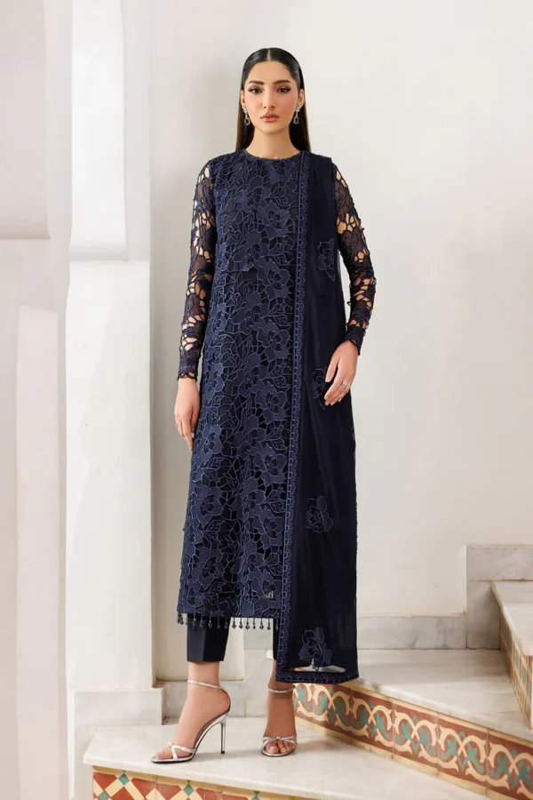 Zarif Unstitched Chiffon Suit 26’-SARAYA-02 navy blue embroidered chiffon Pakistani dress Nourah By Zarif, 3-piece pakistani brand suit for UK women, full front look
