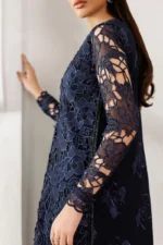 Zarif Unstitched Chiffon Suit 26’-SARAYA-02 navy blue embroidered chiffon Pakistani dress Nourah By Zarif, 3-piece pakistani brand suit for UK women, side look with sleeves closeup
