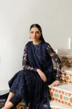 Zarif Unstitched Chiffon Suit 26’-SARAYA-02 navy blue embroidered chiffon Pakistani dress Nourah By Zarif, 3-piece pakistani brand suit for UK women, front kameez and dupatta