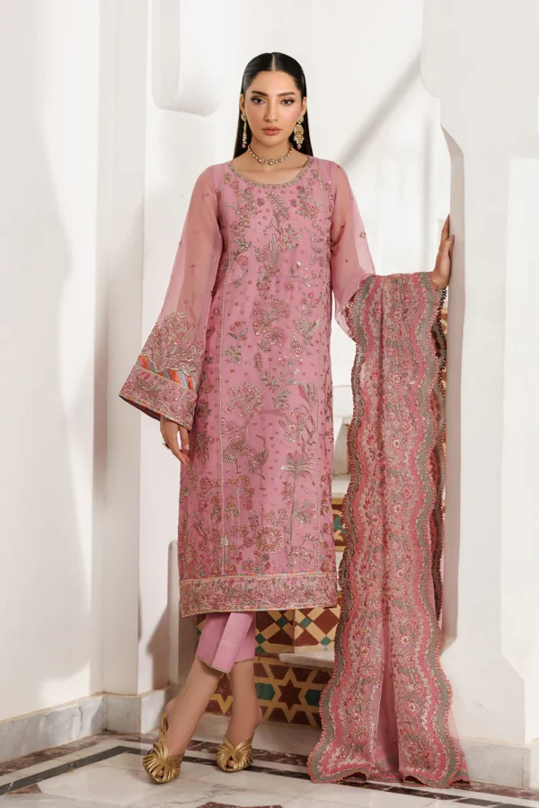 Zarif Unstitched Chiffon Suit 26’-SHAYRA-03 pink sequins embroidered chiffon Pakistani dress Nourah By Zarif, 3-piece Pakistani suit in the UK, full front look