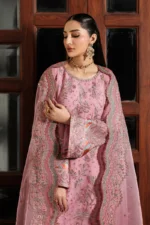 Zarif Unstitched Chiffon Suit 26’-SHAYRA-03 pink sequins embroidered chiffon Pakistani dress Nourah By Zarif, 3-piece Pakistani suit in the UK, shirt and dupatta corner close look