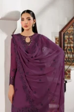 Zarif Unstitched Chiffon Suit 26’-WADHAI-08 purple embroidered chiffon Pakistani dress Nourah By Zarif 2026 UK, kameez neck and dupatta closeup