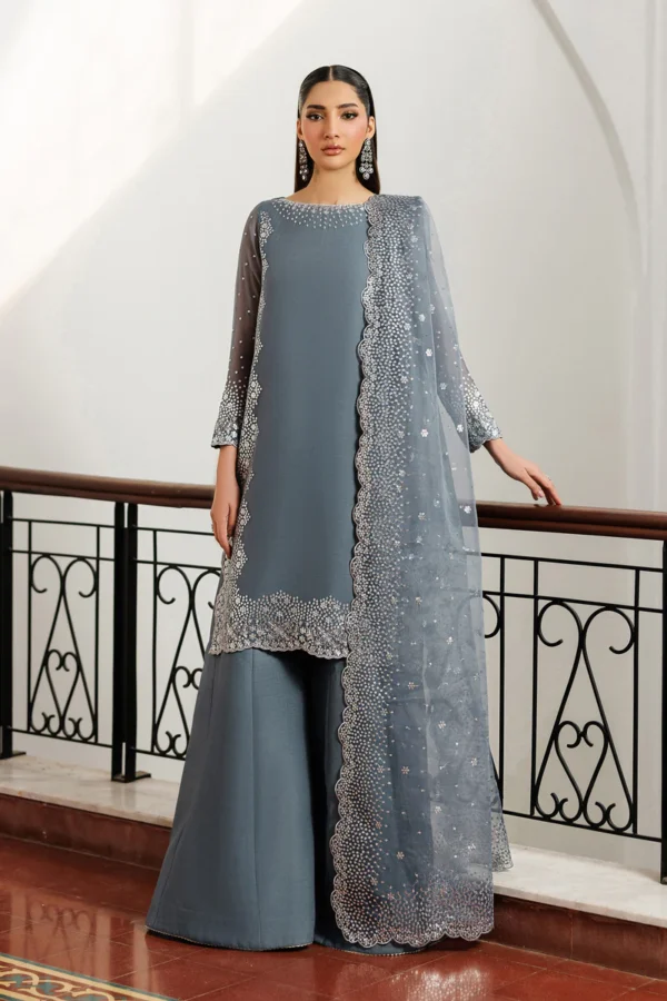 Zarif Unstitched Chiffon Suit 26’-ZARMINA-05 grey sequins embroidered chiffon Pakistani dress Nourah By Zarif, full front look