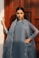 Zarif Unstitched Chiffon Suit 26’-ZARMINA-05 grey sequins embroidered chiffon Pakistani dress Nourah By Zarif, kameez and dupatta closeup