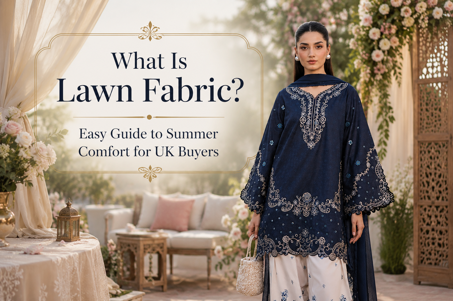 Elegant featured image for a blog titled "What Is Lawn Fabric? Easy Guide to Summer Comfort for UK Buyers", featuring a woman wearing a navy blue embroidered Pakistani cotton lawn suit in a beautiful outdoor garden with floral décor, soft drapes, and warm natural light, showcasing breathable summer lawn fabric fashion.