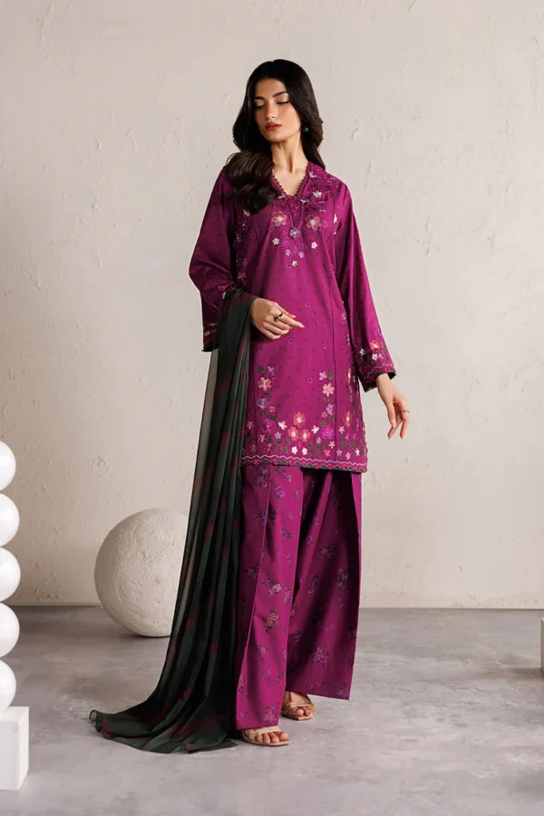 Iznik Embroidered Lawn Suit IBE-01 magenta pink Pakistani designer unstitched lawn suit with chiffon dupatta and embroidered organza from Iznik Festive Lawn 2026 UK, full front look