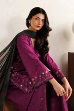 Iznik Embroidered Lawn Suit IBE-01 magenta pink Pakistani designer unstitched lawn suit with chiffon dupatta and embroidered organza from Iznik Festive Lawn 2026 UK, sleeve closeup