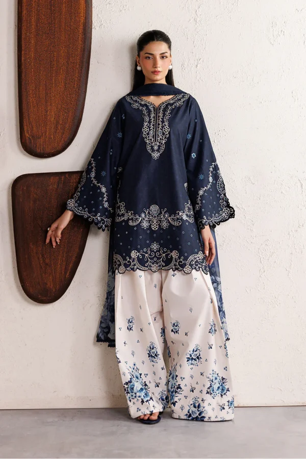 Iznik Embroidered Lawn Suit IBE-02 navy blue Pakistani lawn suit with chiffon dupatta and organza embroidery, full front look