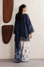 Iznik Embroidered Lawn Suit IBE-02 navy blue Pakistani lawn suit with chiffon dupatta and organza embroidery, back look