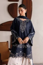 Iznik Embroidered Lawn Suit IBE-02 navy blue Pakistani lawn suit with chiffon dupatta and organza embroidery, front kameez closeup