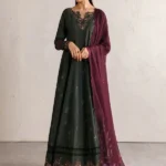 Iznik Embroidered Lawn Suit IBE-03 bottle green Pakistani frock style lawn suit with chiffon dupatta UK, full front look