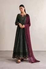 Iznik Embroidered Lawn Suit IBE-03 bottle green Pakistani frock style lawn suit with chiffon dupatta UK, full front look