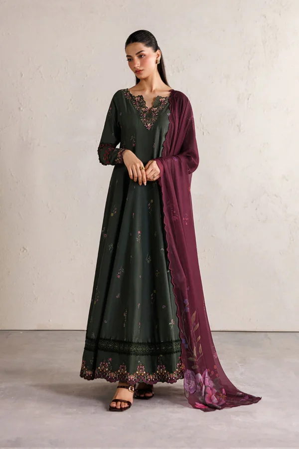 Iznik Embroidered Lawn Suit IBE-03 bottle green Pakistani frock style lawn suit with chiffon dupatta UK, full front look
