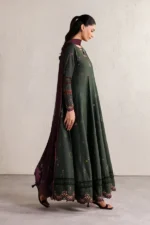 Iznik Embroidered Lawn Suit IBE-03 bottle green Pakistani frock style lawn suit with chiffon dupatta UK, side look