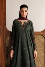 Iznik Embroidered Lawn Suit IBE-03 bottle green Pakistani frock style lawn suit with chiffon dupatta UK, front kameez close look