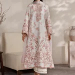 Iznik Embroidered Lawn Suit IBE-04 pearl white laser lawn suit with Swiss lawn dupatta and organza embroidery, full front look