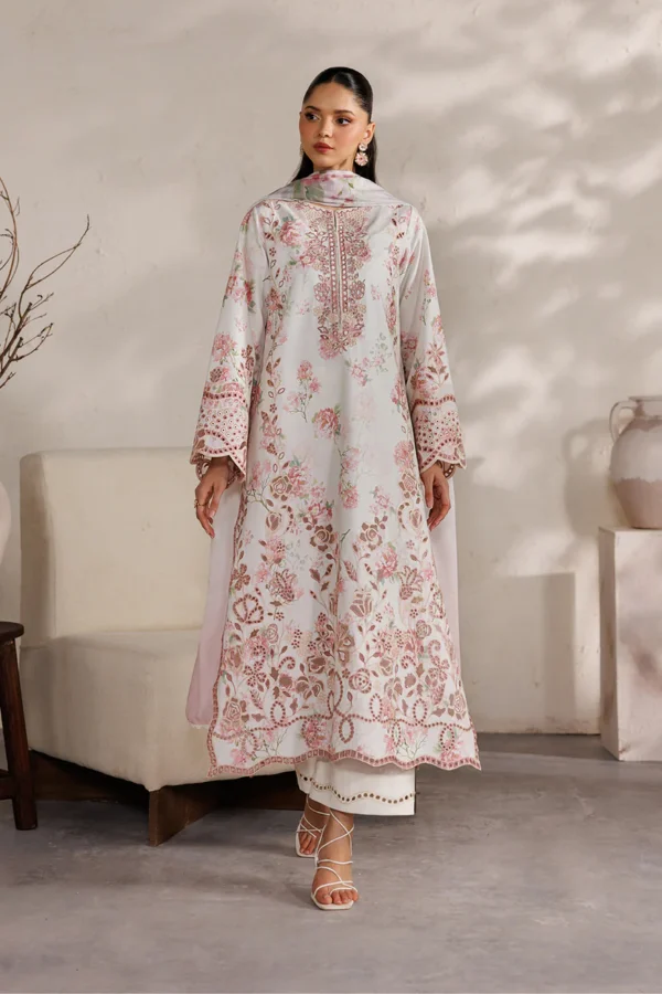Iznik Embroidered Lawn Suit IBE-04 pearl white laser lawn suit with Swiss lawn dupatta and organza embroidery, full front look