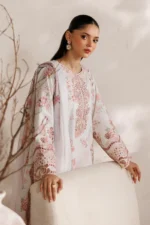 Iznik Embroidered Lawn Suit IBE-04 pearl white laser lawn suit with Swiss lawn dupatta and organza embroidery, front kameez closeup