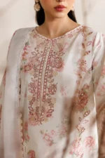 Iznik Embroidered Lawn Suit IBE-04 pearl white laser lawn suit with Swiss lawn dupatta and organza embroidery, shirt neck embroidery closeup