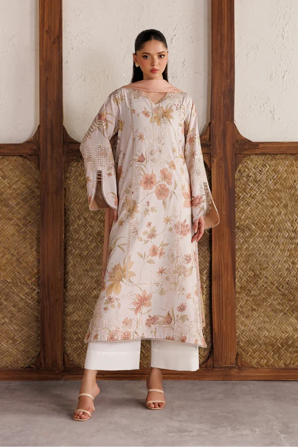 Iznik Embroidered Lawn Suit IBE-05 dusty peach Pakistani lawn suit with Swiss lawn dupatta and embroidery, full front look