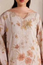 Iznik Embroidered Lawn Suit IBE-05 dusty peach Pakistani lawn suit with Swiss lawn dupatta and embroidery, kameez neck closeup