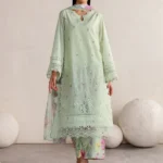 Iznik Embroidered Lawn Suit IBE-06 mint green Pakistani lawn suit with chiffon dupatta and organza embroidery, full front look