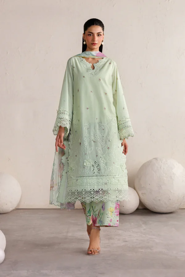 Iznik Embroidered Lawn Suit IBE-06 mint green Pakistani lawn suit with chiffon dupatta and organza embroidery, full front look