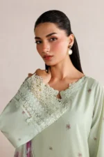 Iznik Embroidered Lawn Suit IBE-06 mint green Pakistani lawn suit with chiffon dupatta and organza embroidery, sleeves closeup