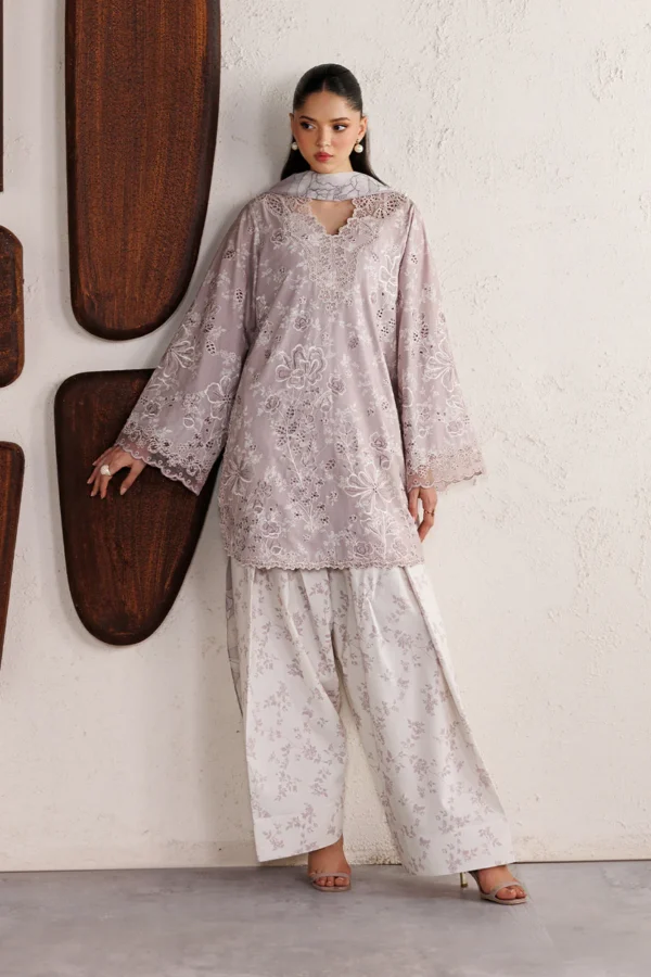 Iznik Embroidered Lawn Suit IBE-07 lilac Pakistani lawn suit with chiffon dupatta and organza embroidery, full front look