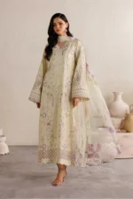 Iznik Embroidered Lawn Suit IBE-08 butter yellow Pakistani lawn suit with chiffon dupatta and embroidery, fulll front look