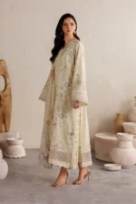 Iznik Embroidered Lawn Suit IBE-08 butter yellow Pakistani lawn suit with chiffon dupatta and embroidery, front salwar kameez and dupatta