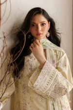 Iznik Embroidered Lawn Suit IBE-08 butter yellow Pakistani lawn suit with chiffon dupatta and embroidery, sleeves close look