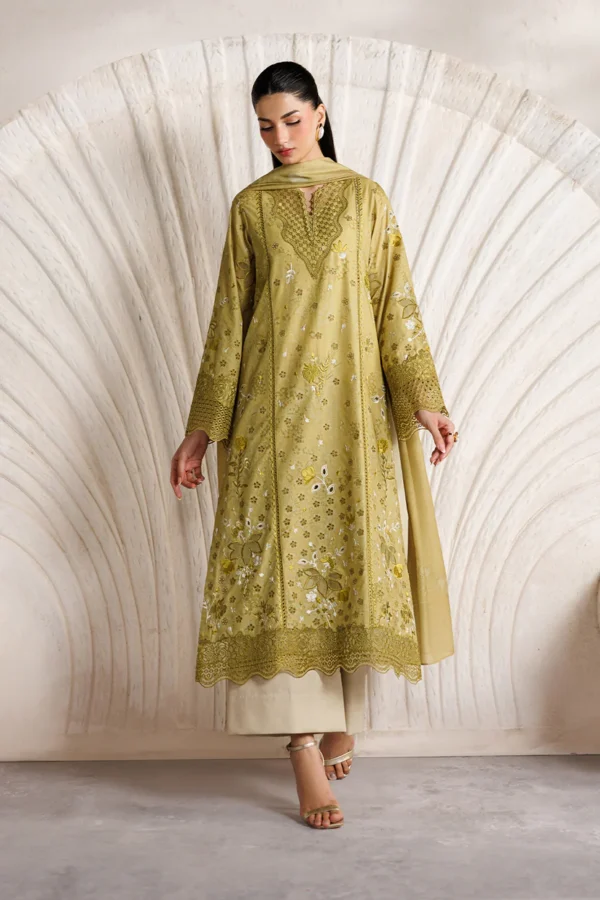 Iznik Embroidered Lawn Suit IBE-09 mustard Pakistani lawn suit with Swiss lawn dupatta and embroidery, full front look