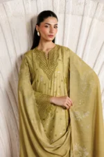 Iznik Embroidered Lawn Suit IBE-09 mustard Pakistani lawn suit with Swiss lawn dupatta and embroidery, front kameez and dupatta closeup