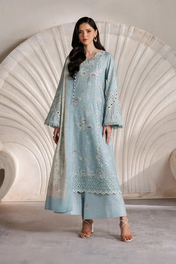 Iznik Embroidered Lawn Suit IBE-10 sky blue Pakistani lawn suit with Swiss lawn dupatta and embroidery, fulll front look