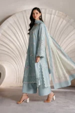 Iznik Embroidered Lawn Suit IBE-10 sky blue Pakistani lawn suit with Swiss lawn dupatta and embroidery, side look