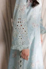 Iznik Embroidered Lawn Suit IBE-10 sky blue Pakistani lawn suit with Swiss lawn dupatta and embroidery, sleeves closeup