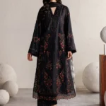 Iznik Embroidered Lawn Suit IBE-11 black Pakistani lawn suit with chiffon dupatta and organza embroidery, full front look