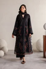 Iznik Embroidered Lawn Suit IBE-11 black Pakistani lawn suit with chiffon dupatta and organza embroidery, full front look